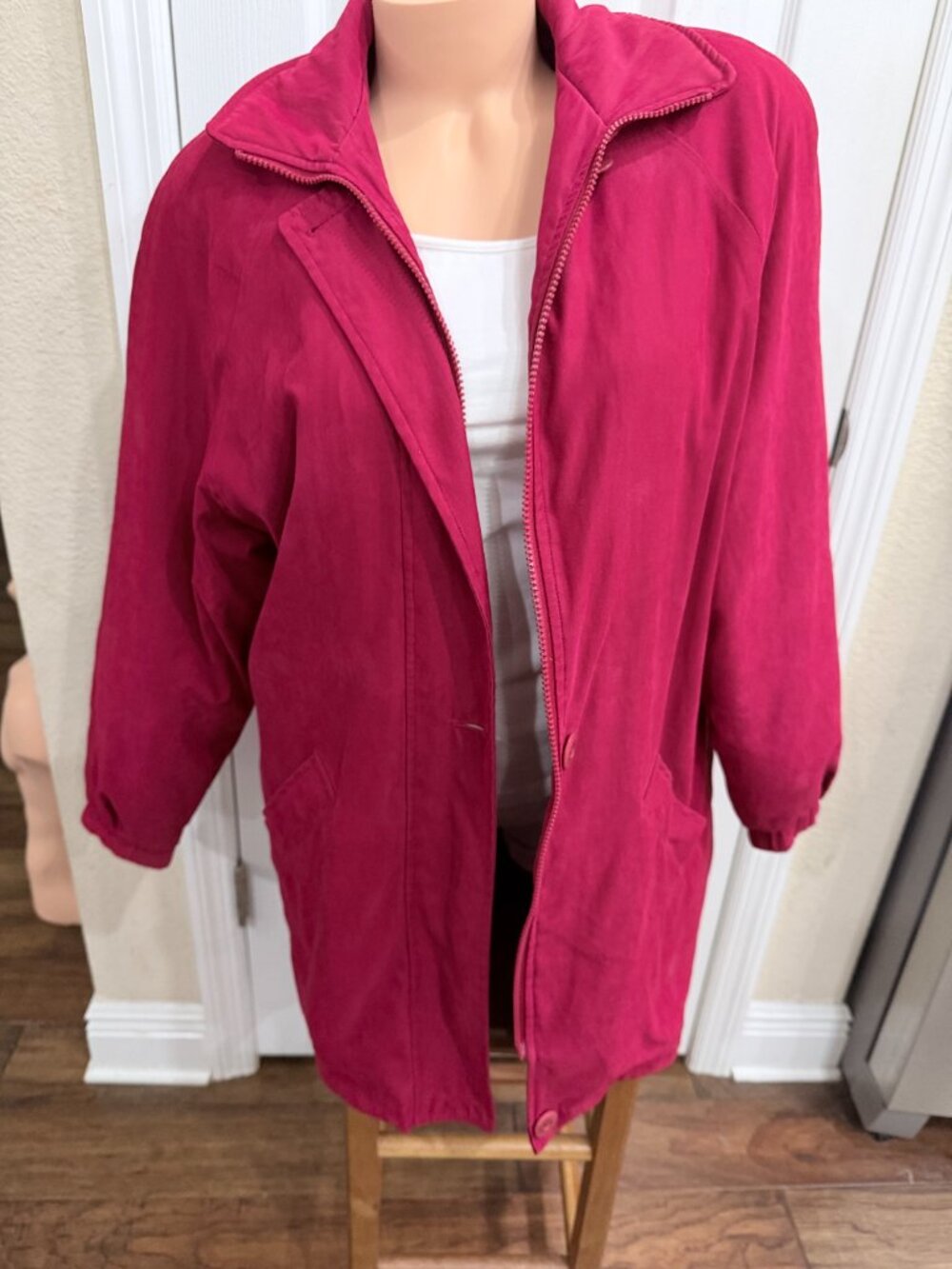 London Fog Raspberry Red Quilted Lined Car Coat Jacket Drawstring Waist Small